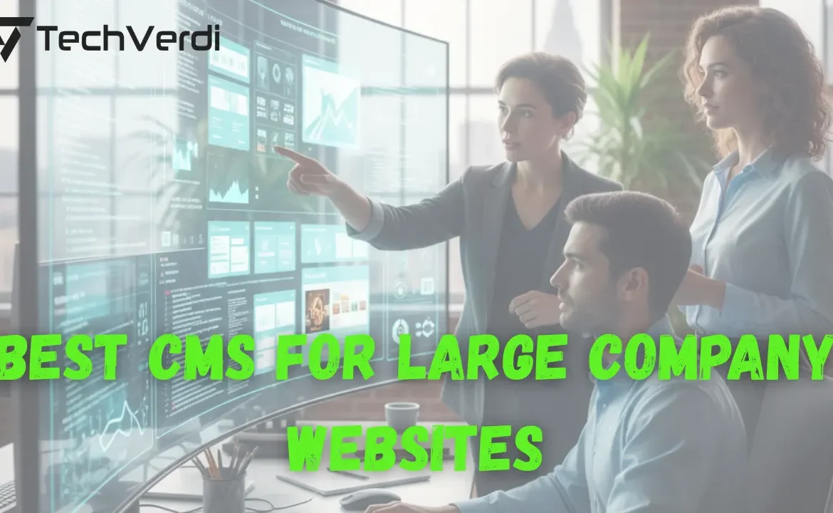 Enterprise CMS concept with digital dashboards and corporate website management visuals