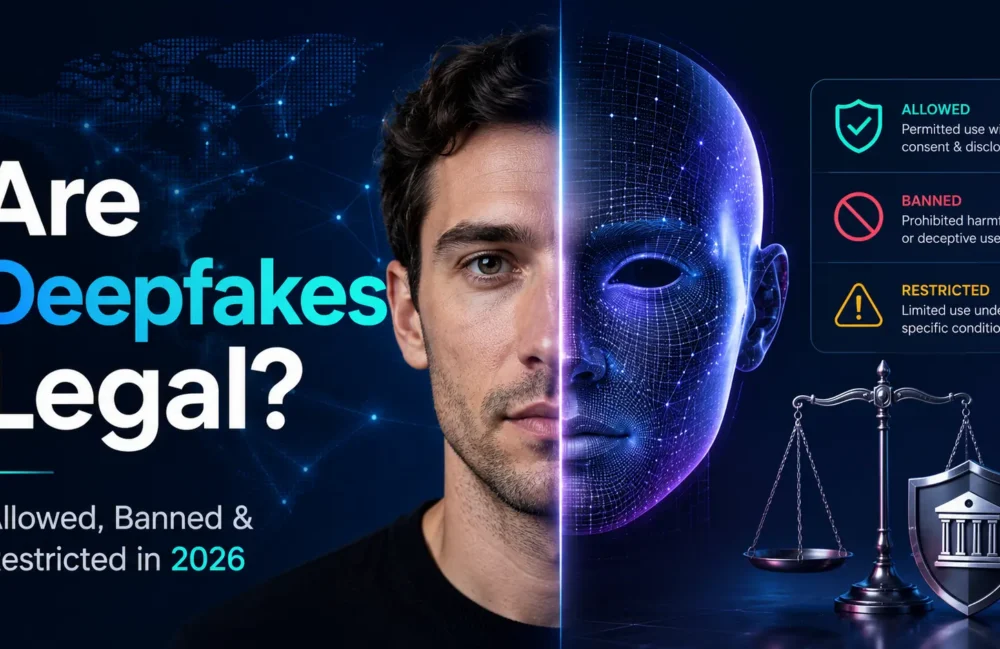 Are deepfakes legal in 2026? Illustration of allowed, banned, and restricted AI deepfake use