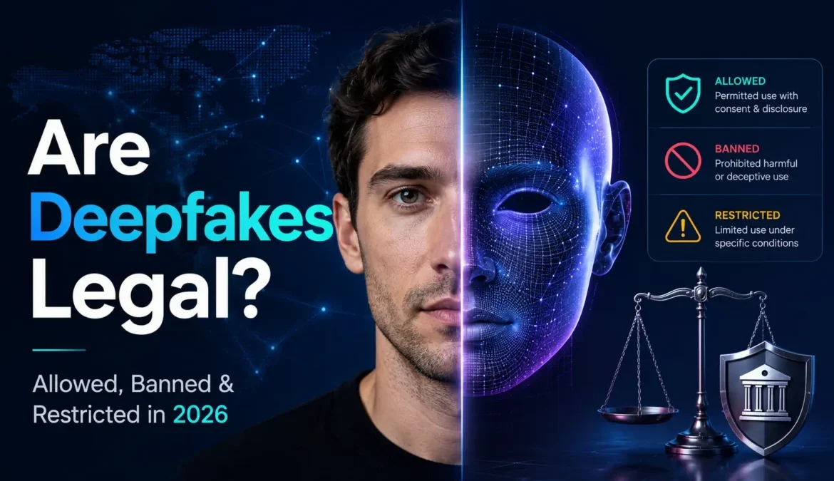 Are deepfakes legal in 2026? Illustration of allowed, banned, and restricted AI deepfake use