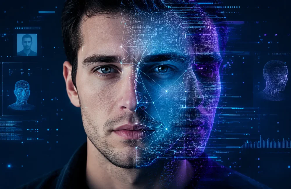 Deepfake AI technology manipulating a human face with digital facial recognition and synthetic media effects