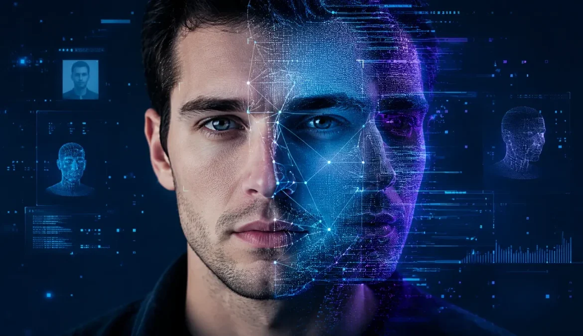 Deepfake AI technology manipulating a human face with digital facial recognition and synthetic media effects