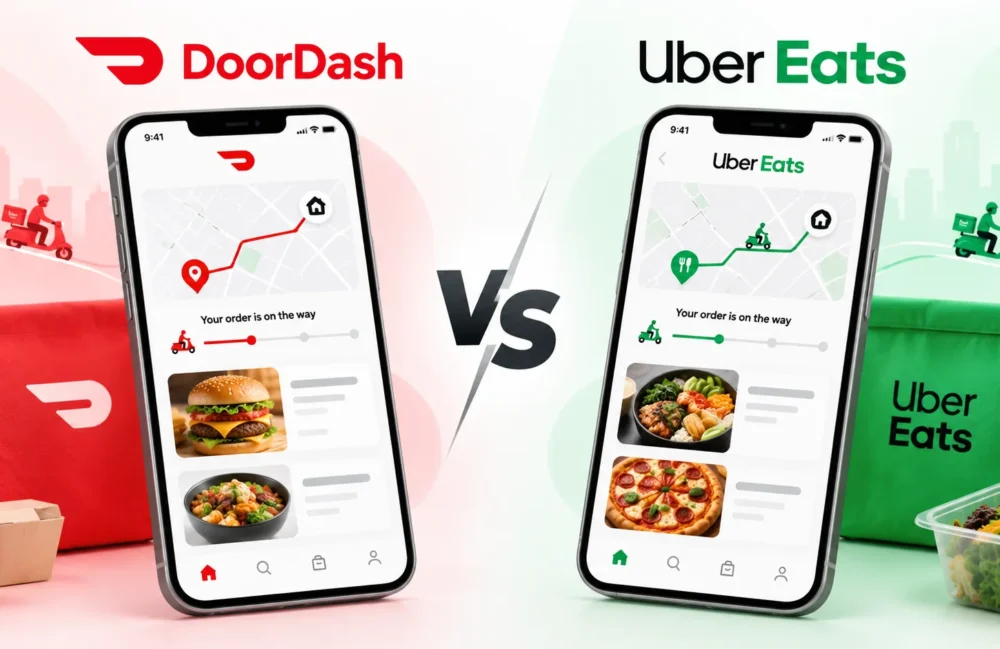 DoorDash vs Uber Eats in 2026 comparison showing food delivery apps, pricing, restaurants, delivery speed, and customer choice