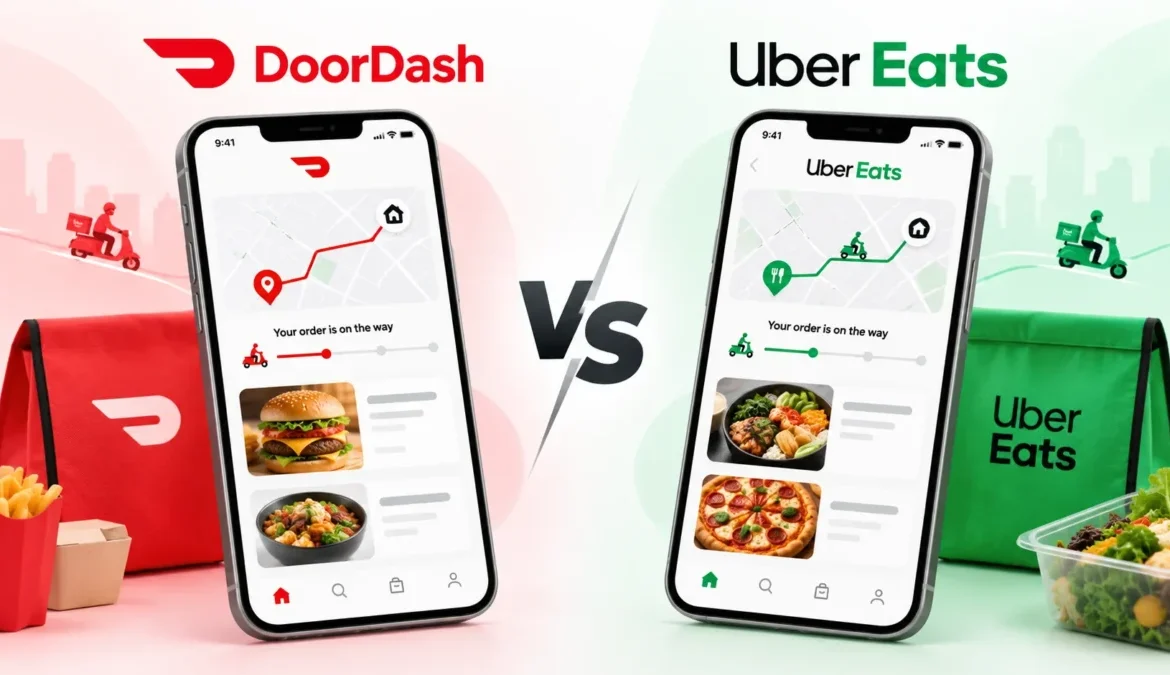 DoorDash vs Uber Eats in 2026 comparison showing food delivery apps, pricing, restaurants, delivery speed, and customer choice
