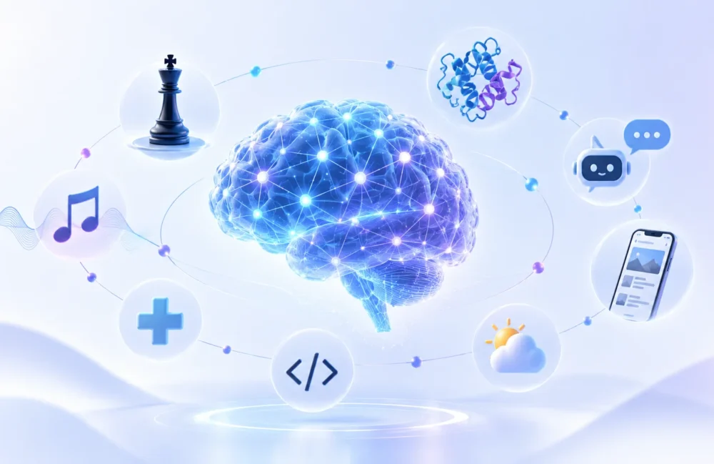 Interesting facts about AI in 2026 shown with an artificial intelligence brain connected to coding, healthcare, music, weather, chatbots, and science