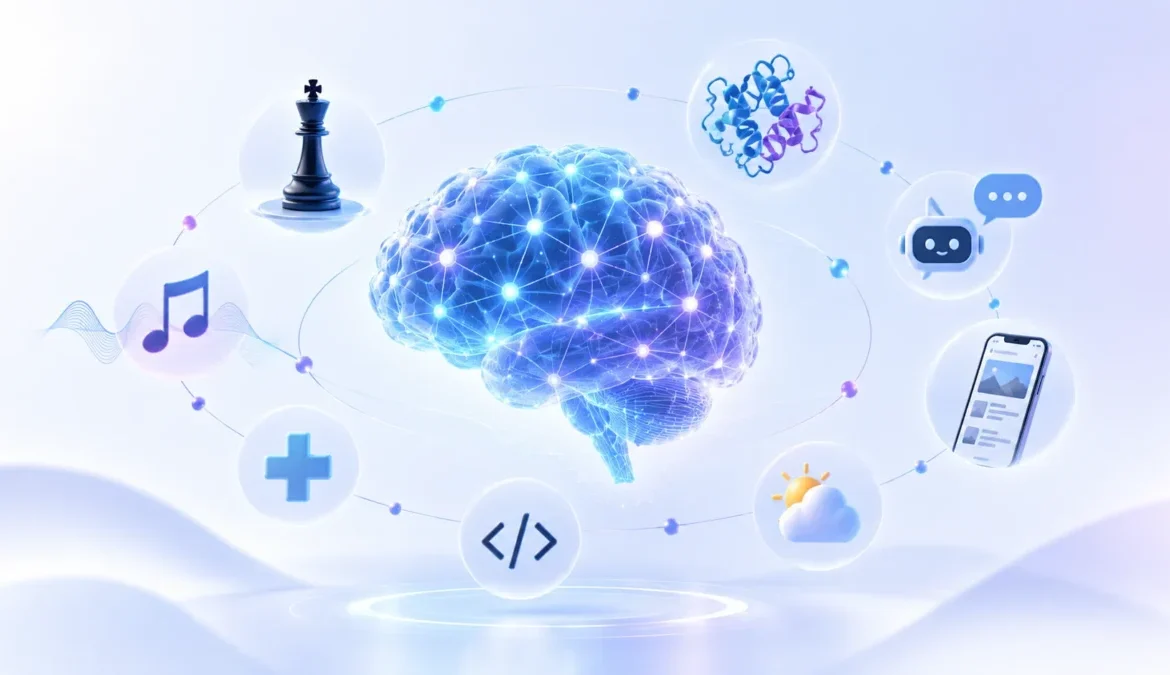 Interesting facts about AI in 2026 shown with an artificial intelligence brain connected to coding, healthcare, music, weather, chatbots, and science