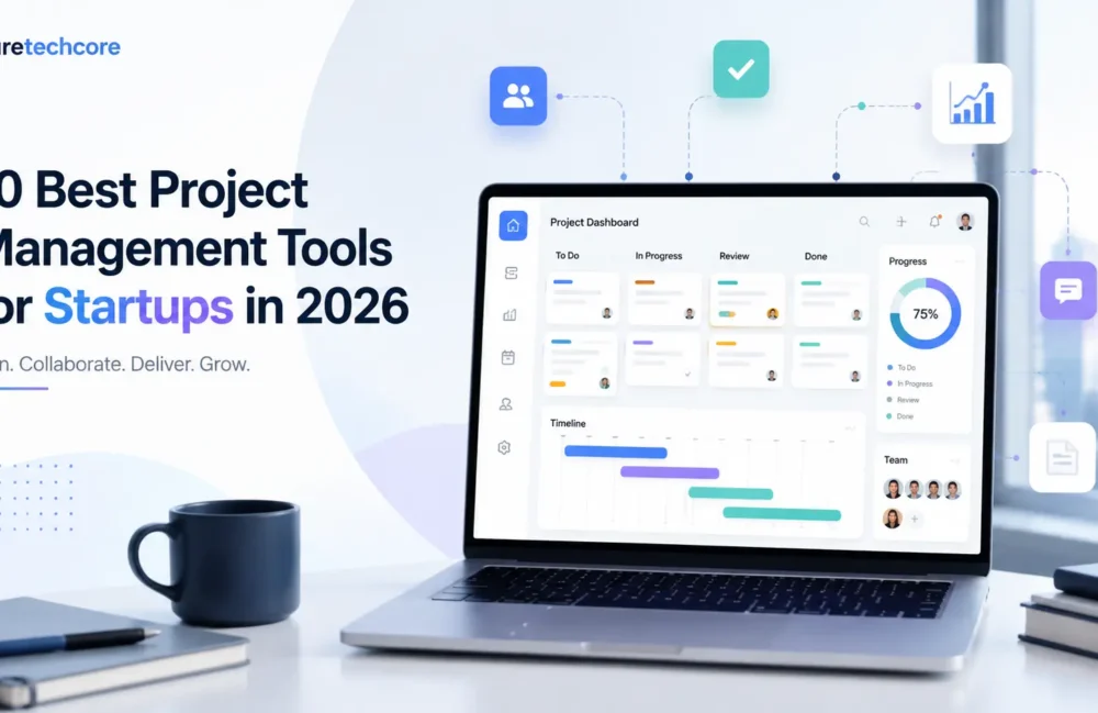 Project management tools for startups in 2026 shown on a collaborative project dashboard with task boards, timelines, and team progress tracking