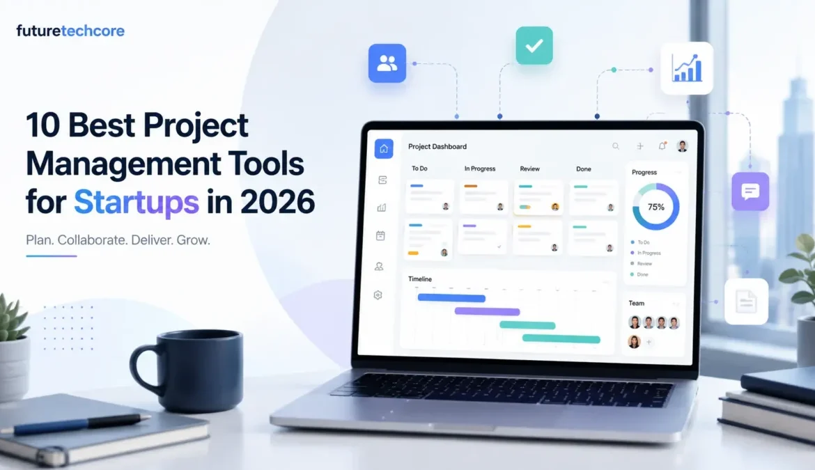 Project management tools for startups in 2026 shown on a collaborative project dashboard with task boards, timelines, and team progress tracking