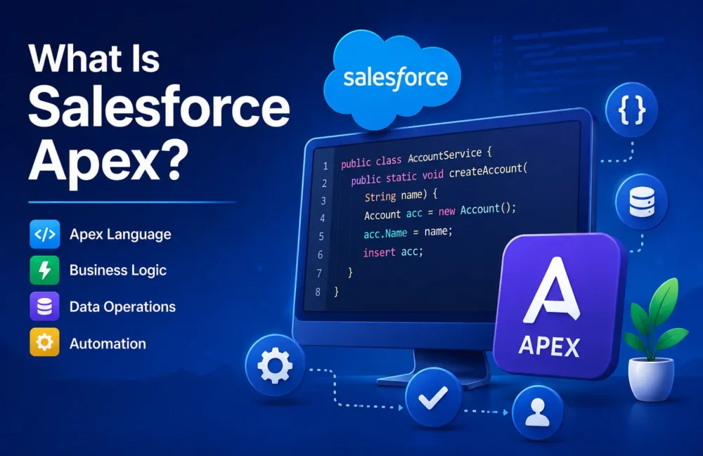 Salesforce Apex beginner's guide showing Apex code, business logic, data operations and automation