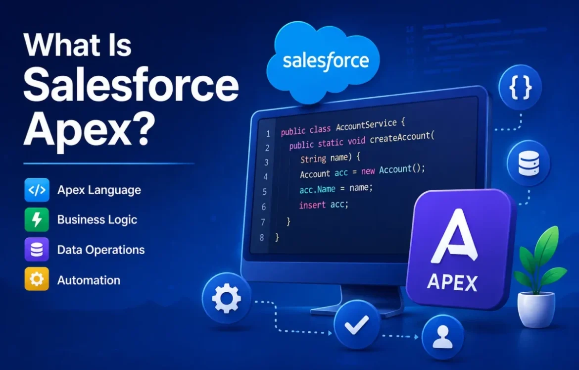 Salesforce Apex beginner's guide showing Apex code, business logic, data operations and automation