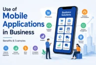 Use of mobile applications in business showing mobile sales, customer support, payments, inventory, logistics, analytics and employee communication