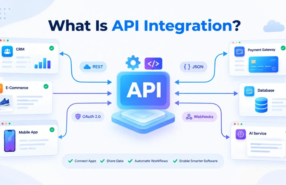 What is API integration showing APIs connecting CRM, e-commerce, mobile apps, payment gateways, databases and AI services