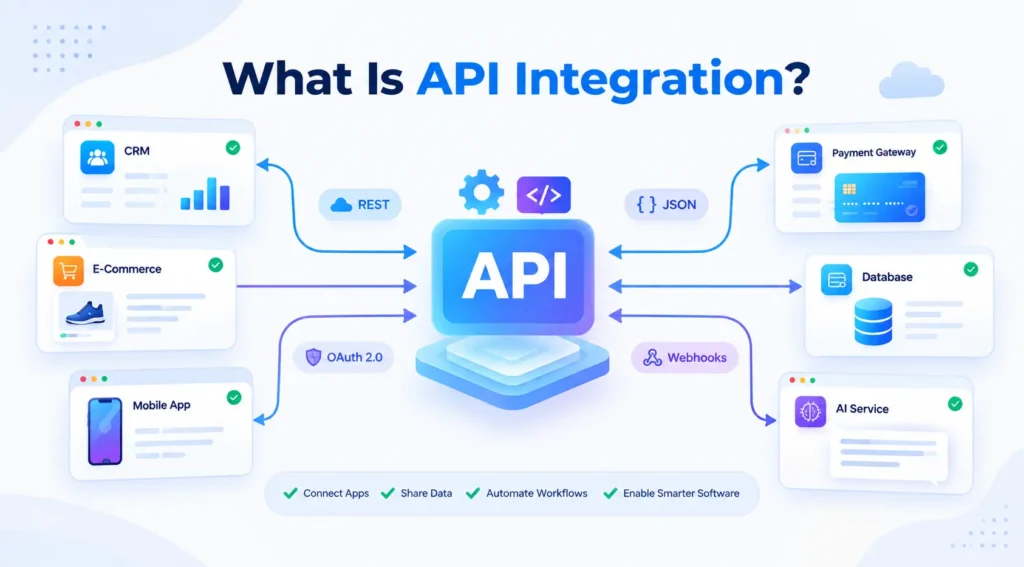 What is API integration showing APIs connecting CRM, e-commerce, mobile apps, payment gateways, databases and AI services