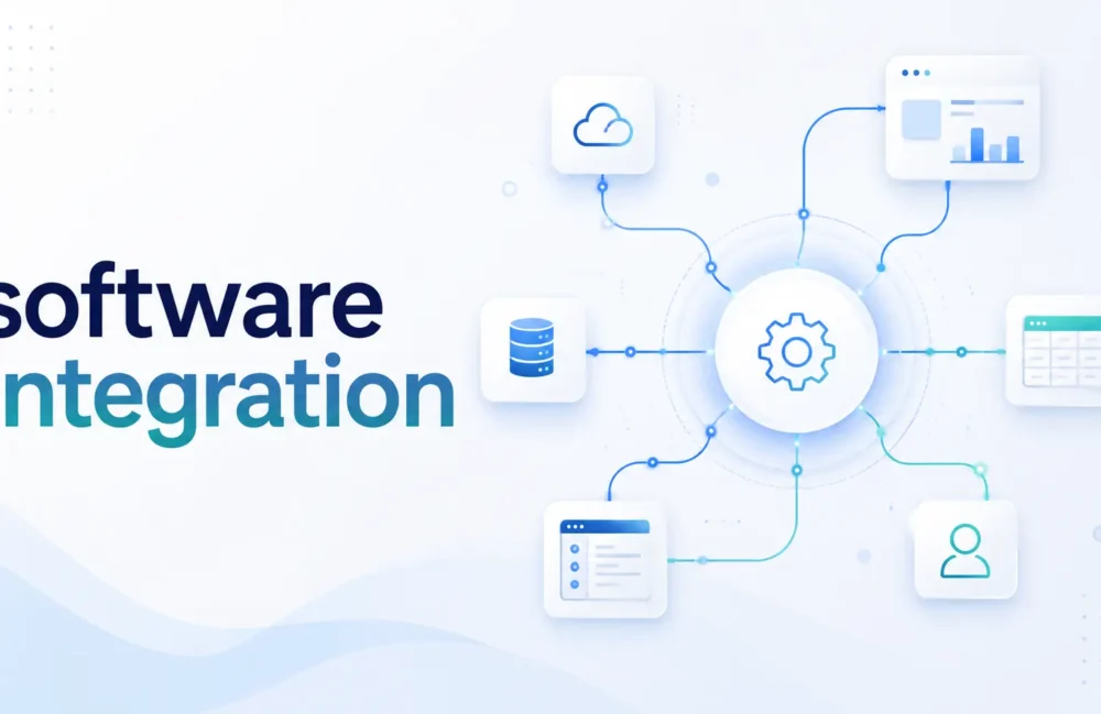 image showing what is Software integration connecting cloud apps, databases, users, and business systems through a central integration hub