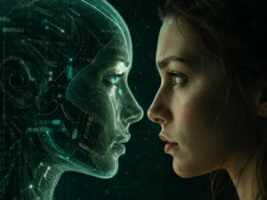 Human face compared with an AI-generated deepfake to illustrate synthetic media technology
