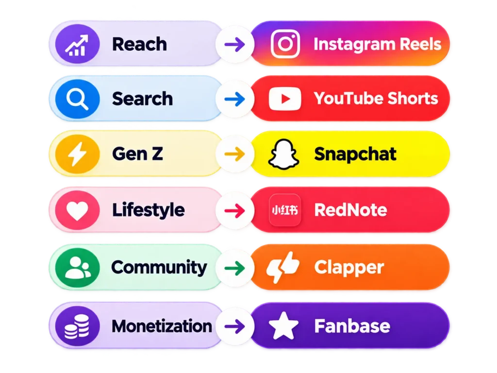 TikTok alternatives in 2026 by user goal, including Instagram Reels for reach, YouTube Shorts for search, Snapchat for Gen Z etc.